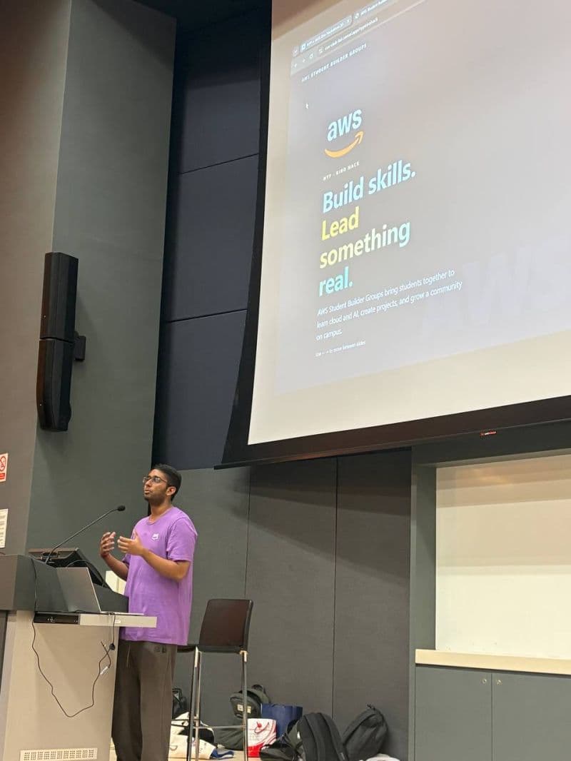 Jagateesvaran speaking about AWS Student Builder Groups at the NYP Kiro Hackathon